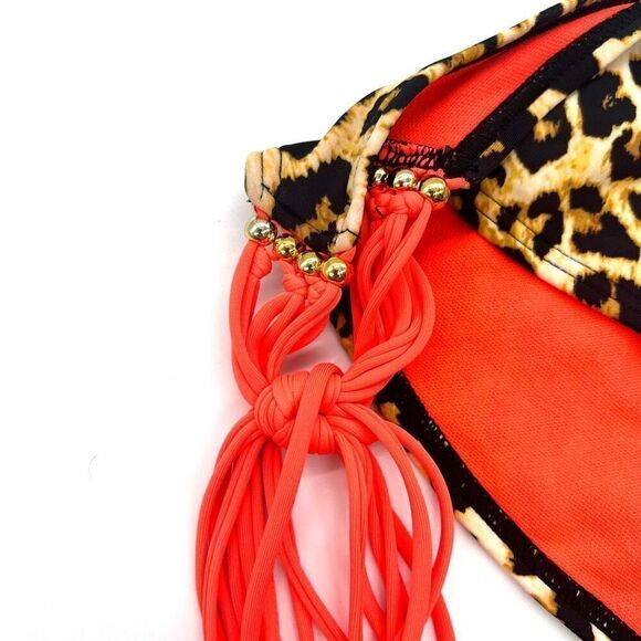 Bongo Bikini Bottom Size Small Leopard Print with Bright Orange Side Tassels - Picture 4 of 8